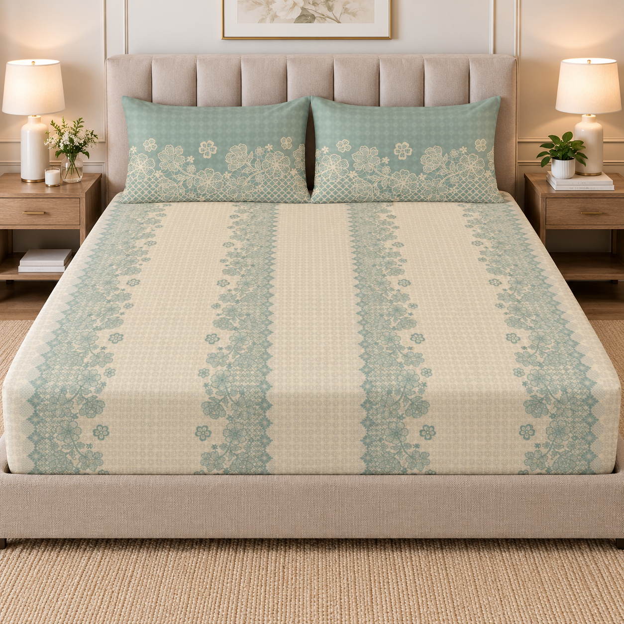 Dusty Blue Cutwork 100% Cotton Double Bedsheet - 300TC