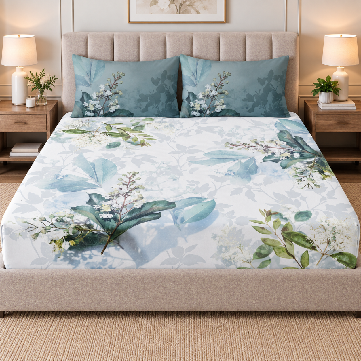 Soft Blue Florals 100% Cotton Double Bedsheet - 300TC