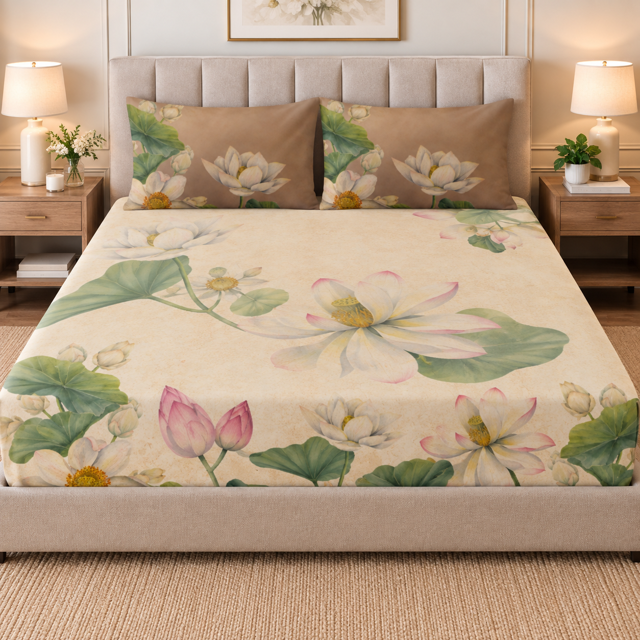 Whimsy Lotus 100% Cotton Double Bedsheet - 300TC