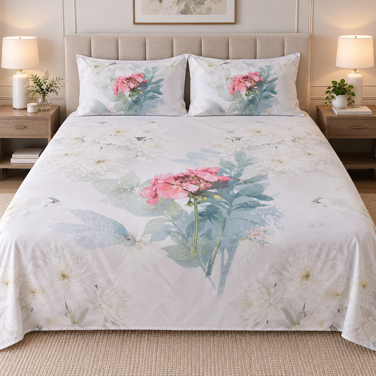 The Watercolor Bloom Luxury Double Bedsheet 800 TC