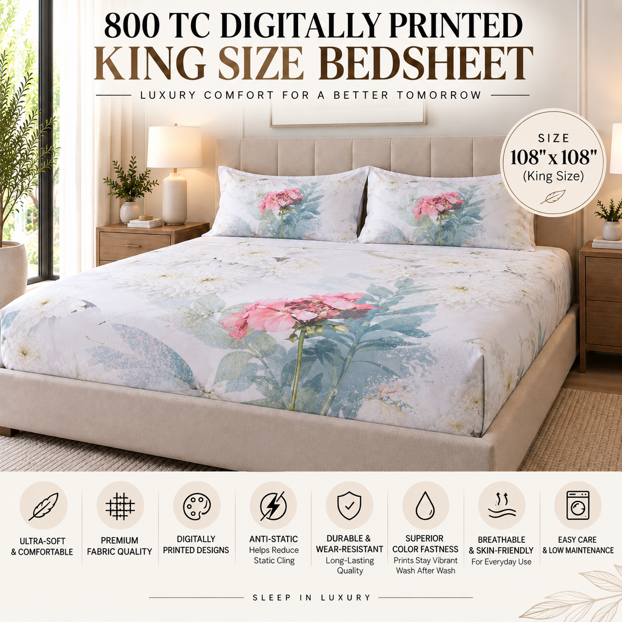 The Watercolor Bloom Luxury Double Bedsheet 800 TC
