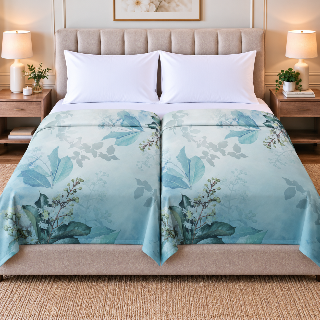 Soft Blue Florals 100% Cotton Set of 2 Single Dohars
