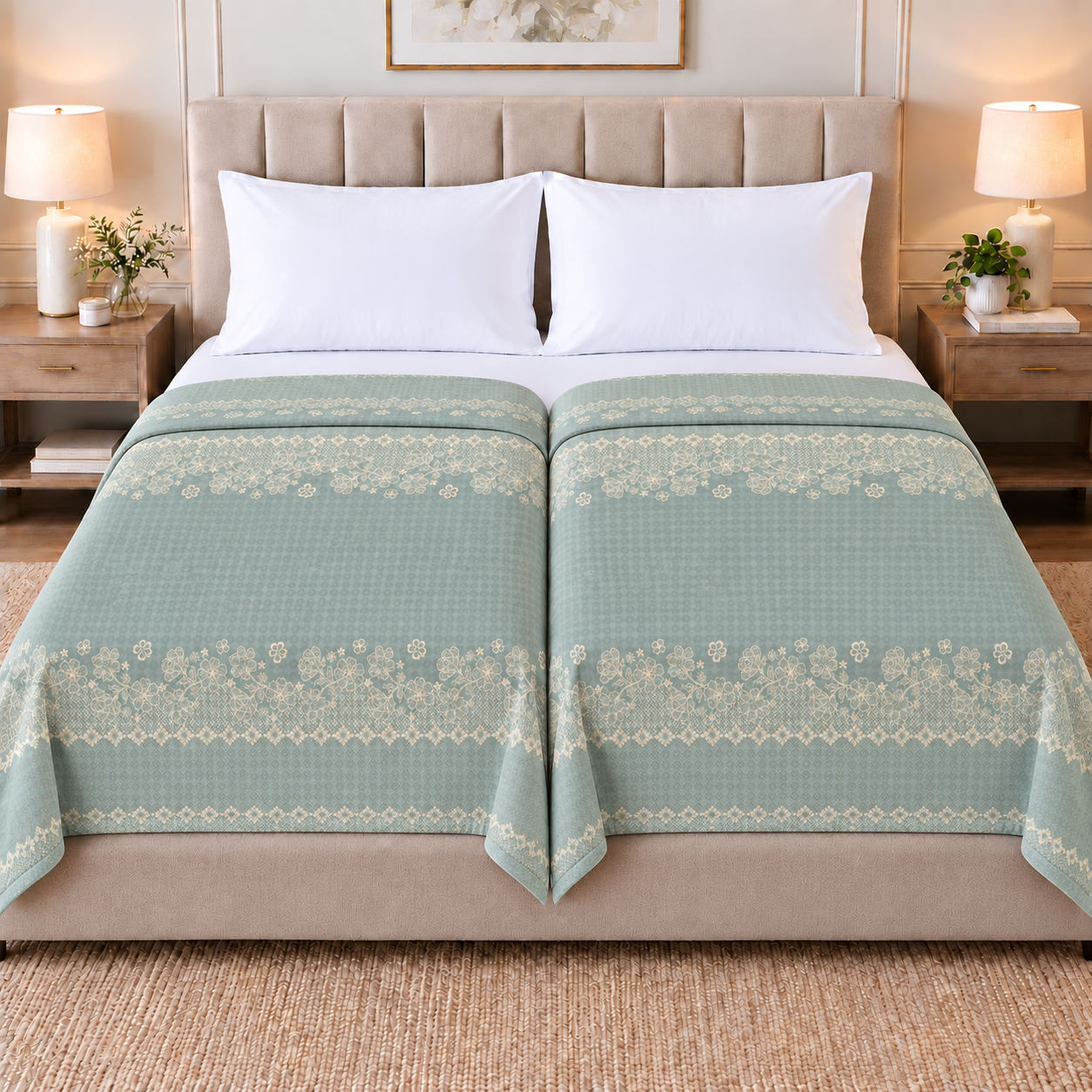 Dusty Blue Cutwork 100% Cotton Set of 2 Single Dohars
