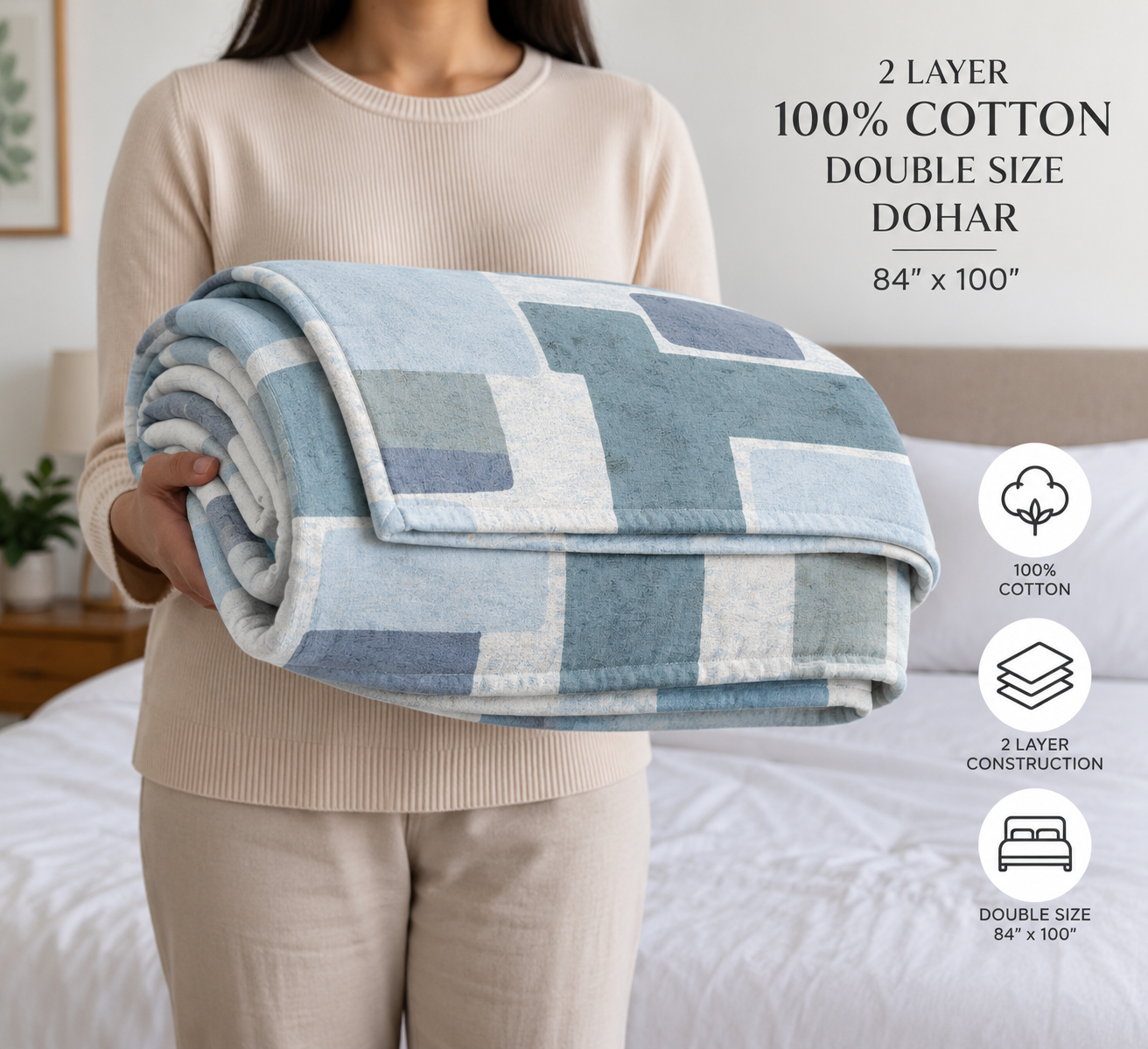 Blue Abstract 100% Cotton Double Dohar