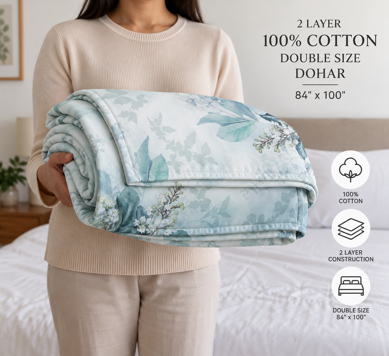 Soft Blue Florals 100% Cotton Double Dohar