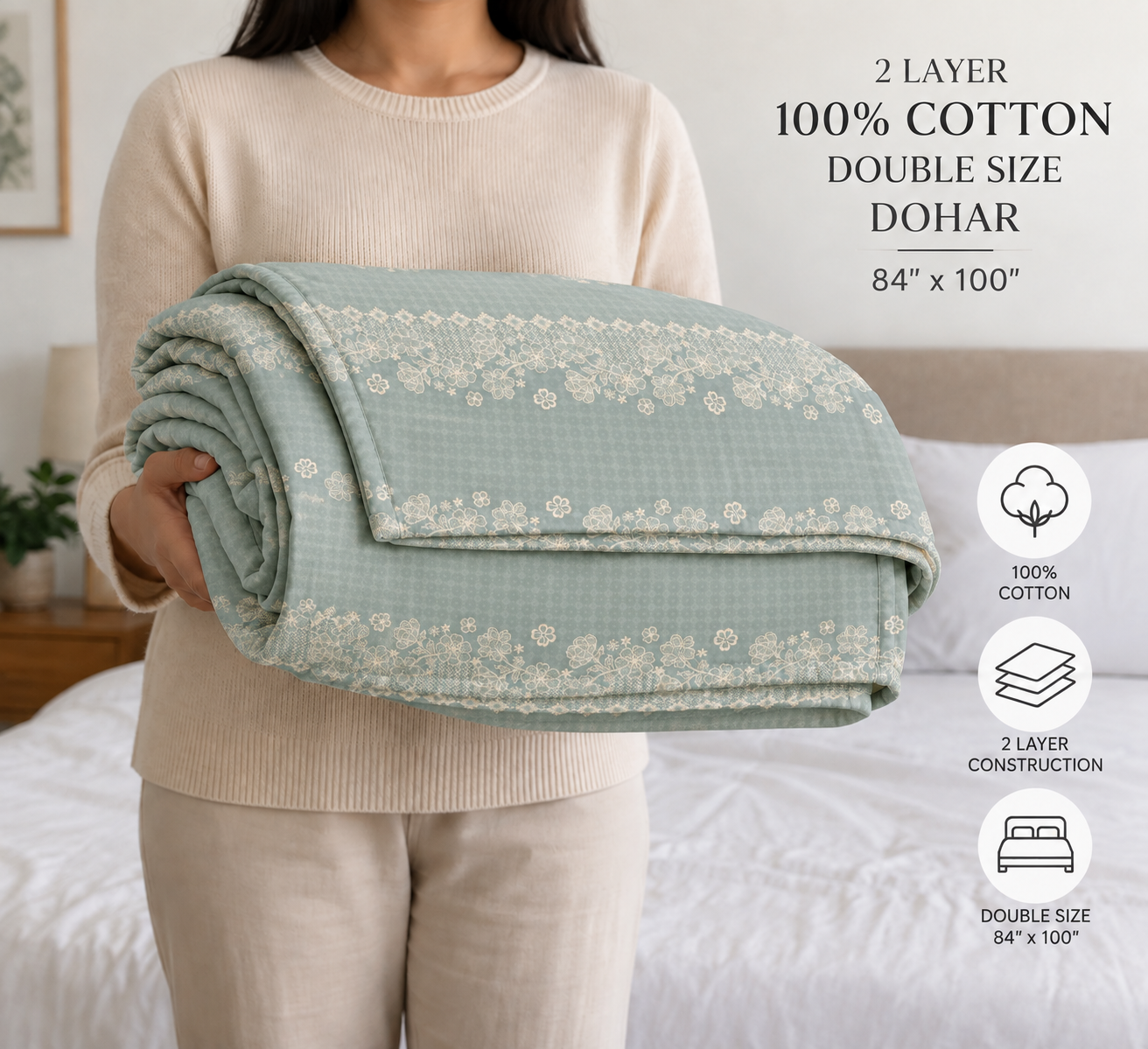 Dusty Blue Cutwork 100% Cotton Double Dohar