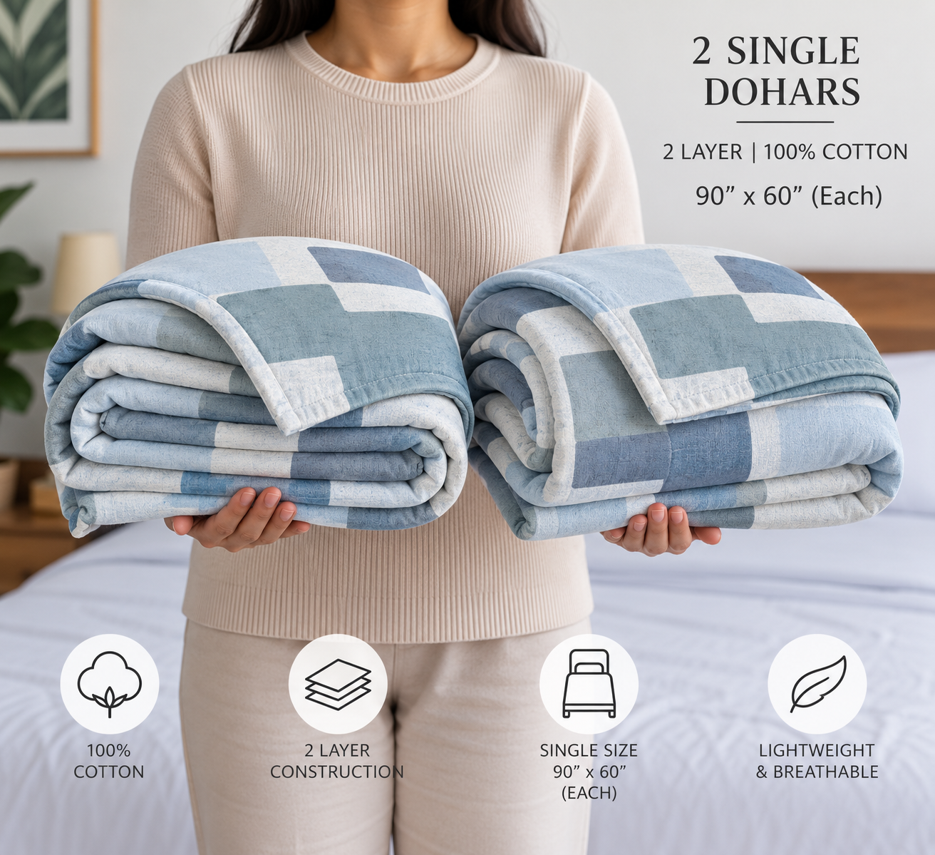 Blue Abstract 100% Cotton Set of 2 Single Dohars