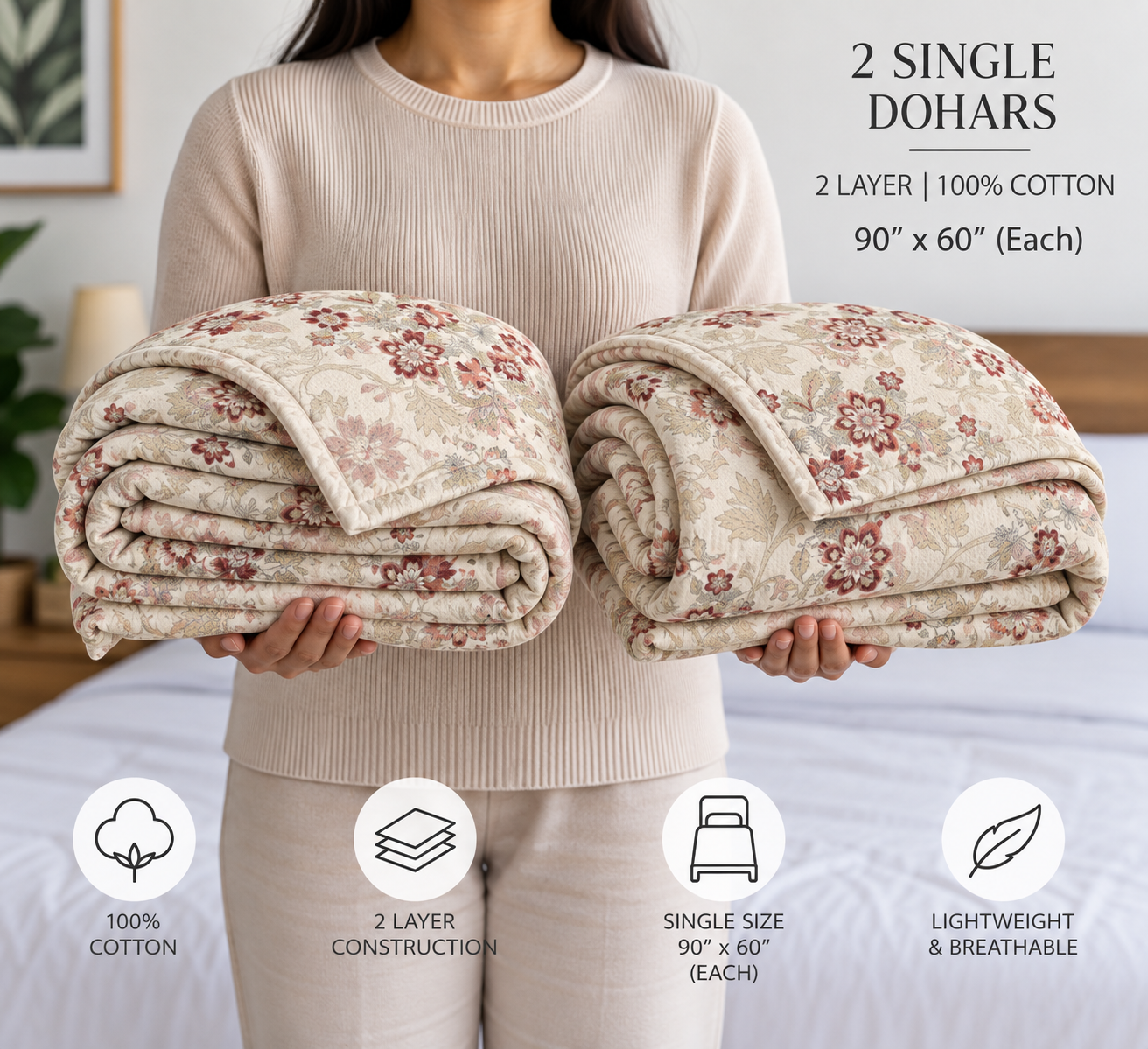 Red Chintz 100% Cotton Set of 2 Single Dohars