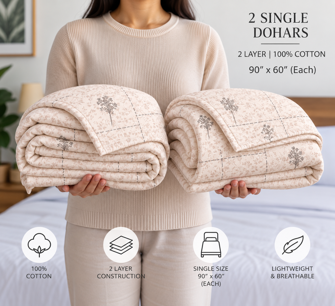 Pink Botanics 100% Cotton Set of 2 Single Dohars