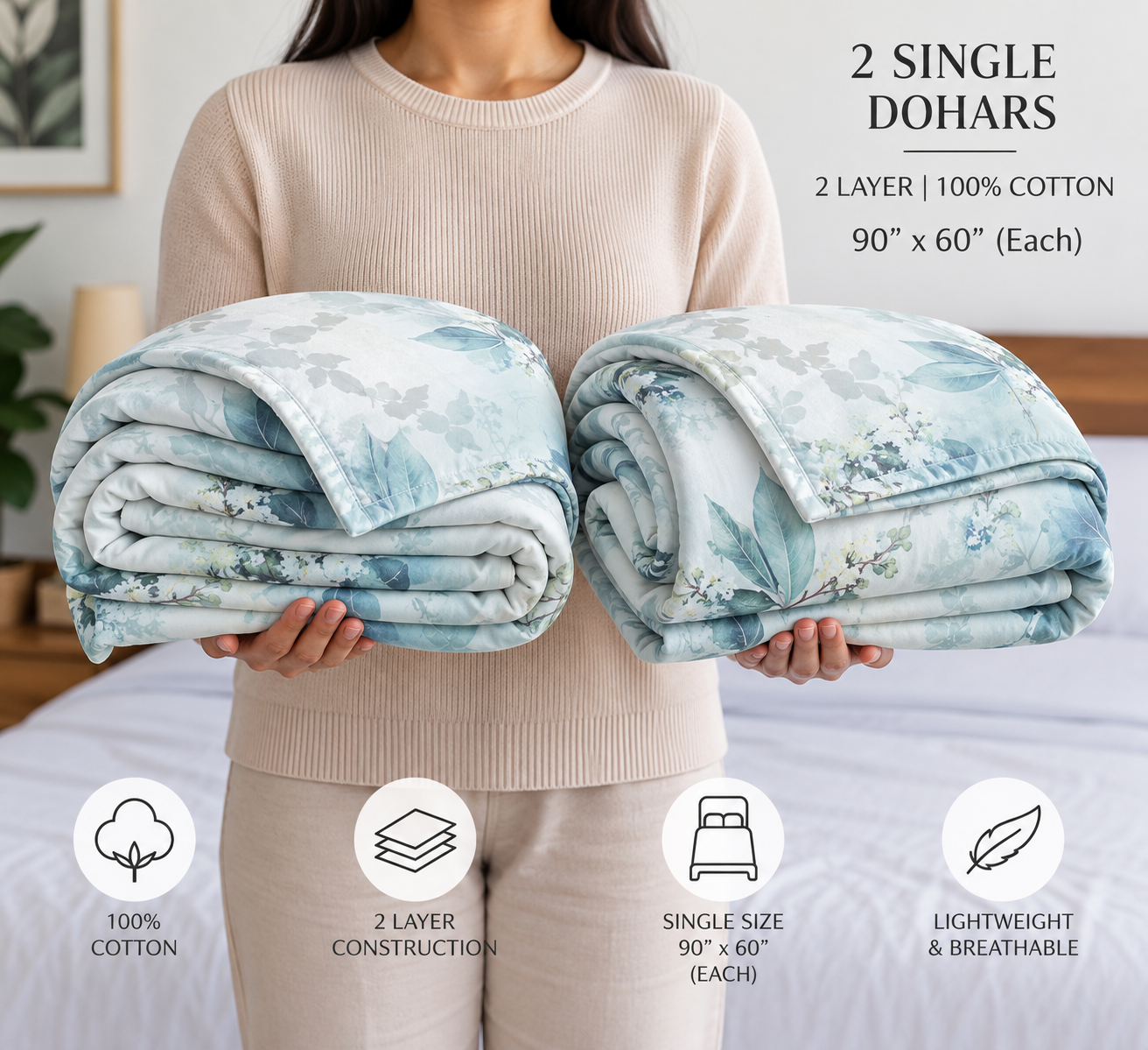 Soft Blue Florals 100% Cotton Set of 2 Single Dohars