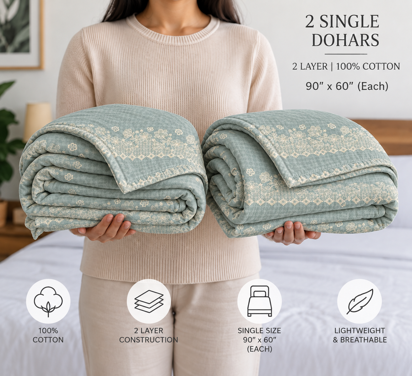 Dusty Blue Cutwork 100% Cotton Set of 2 Single Dohars