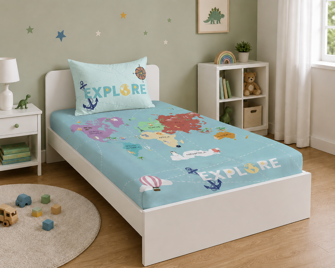 World Map 100% Cotton Single Bedsheet – 300 TC