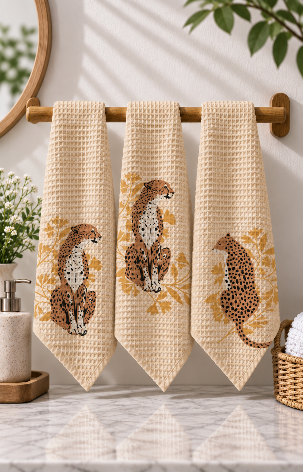 Leopard Waffle Hand Towel (Set of 3 - Multi) - 100% Cotton