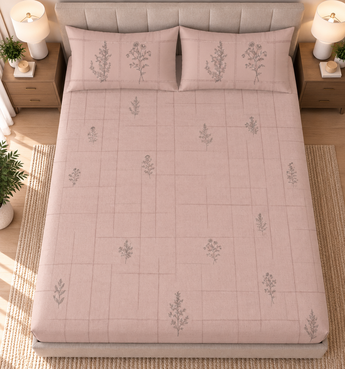 Pink Botanic 100% Cotton Double Bedsheet - 300TC