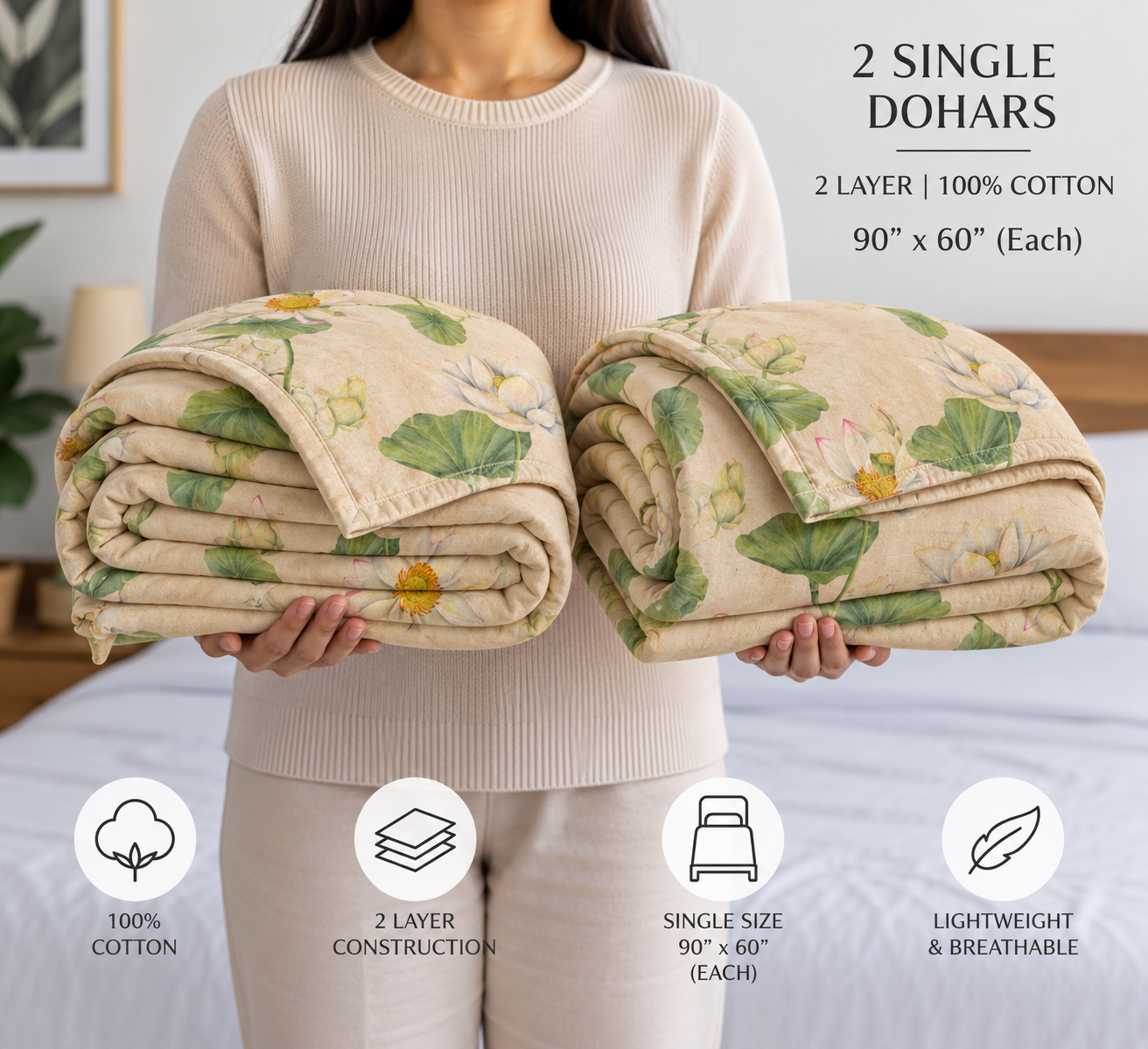 Whimsy Lotus 100% Cotton Set of 2 Single Dohars