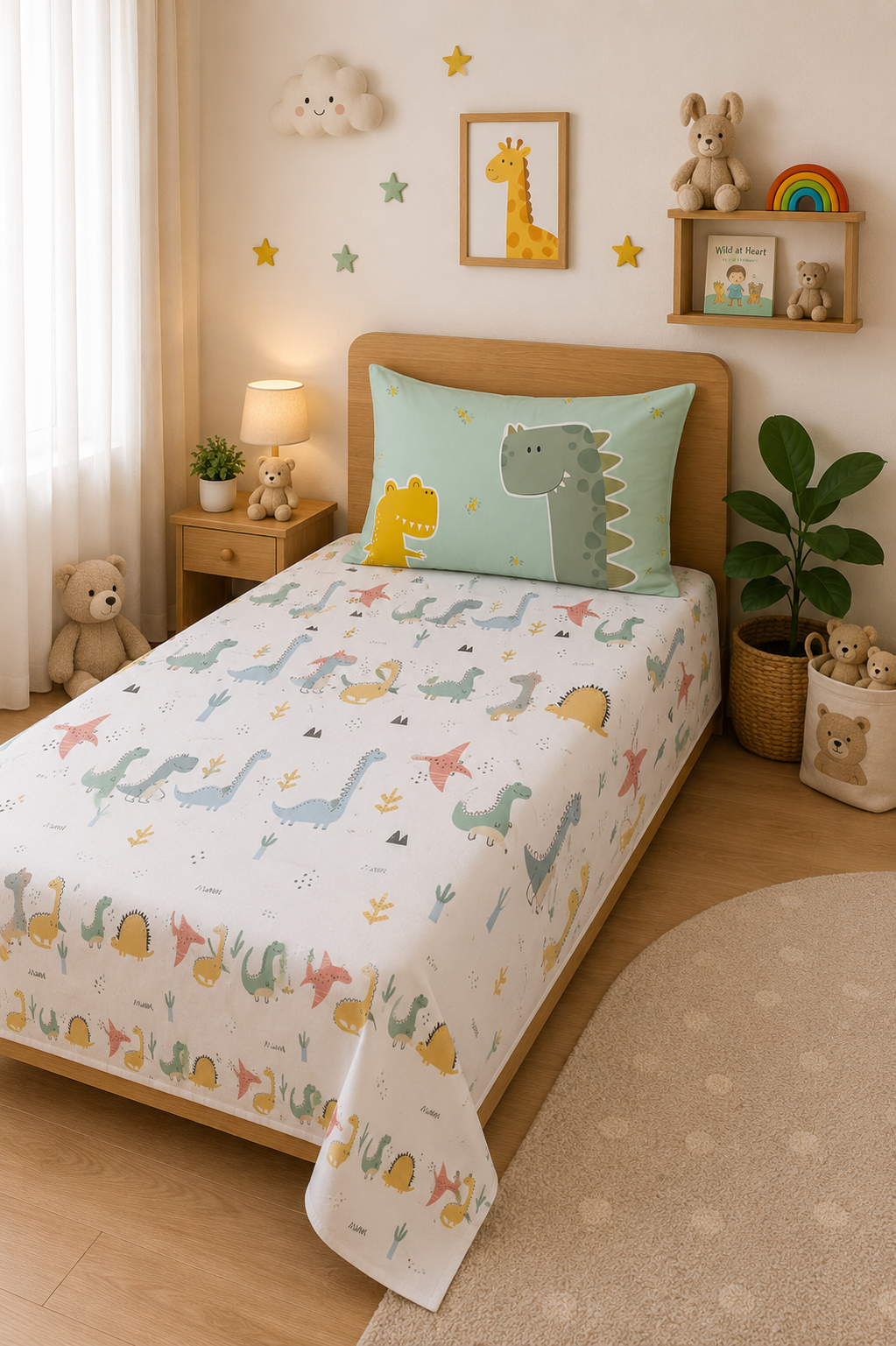 The Stomping Dino 100% Cotton Single Bedsheet – 300 TC