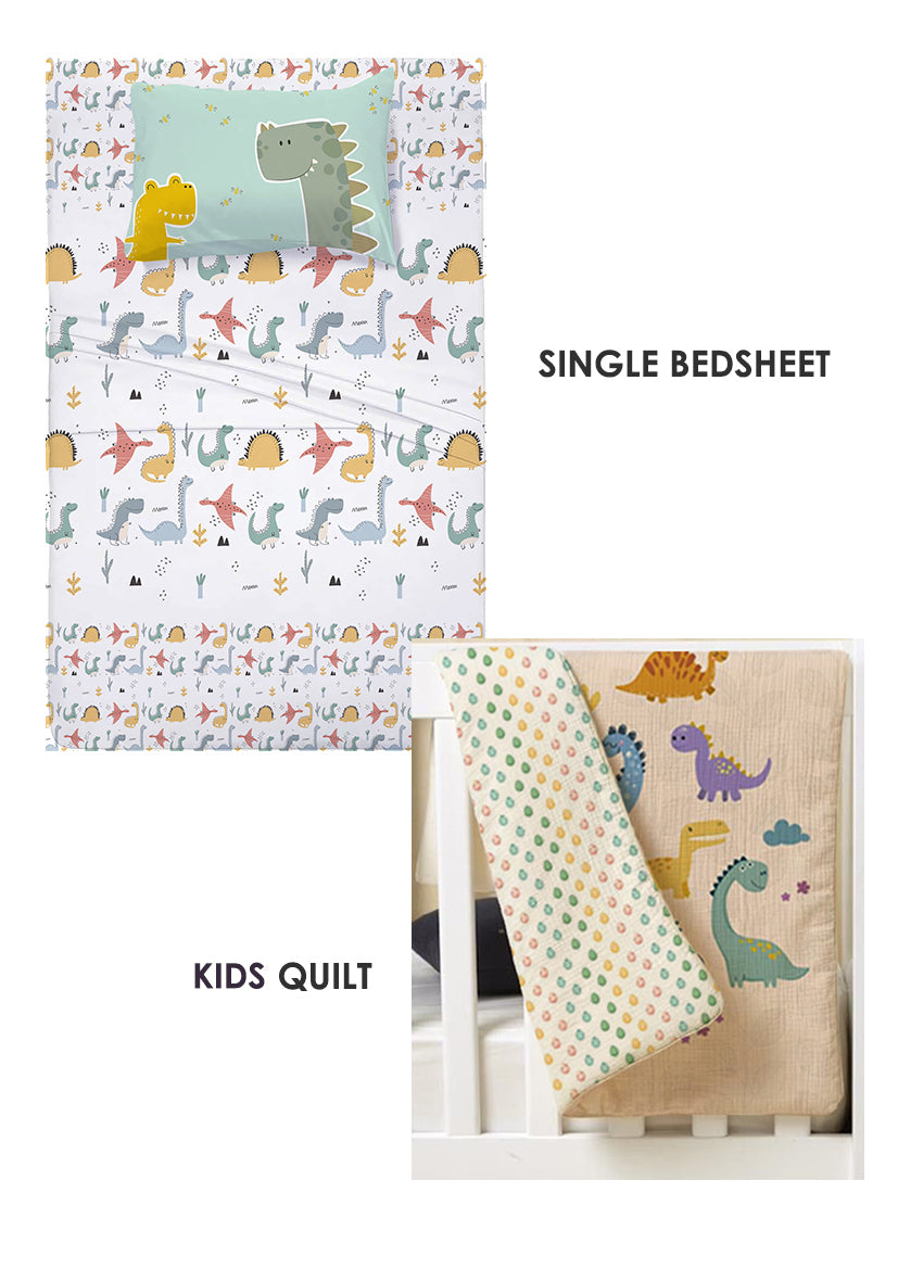 Dinosaur Single Bedsheet + Single Quilt Combo