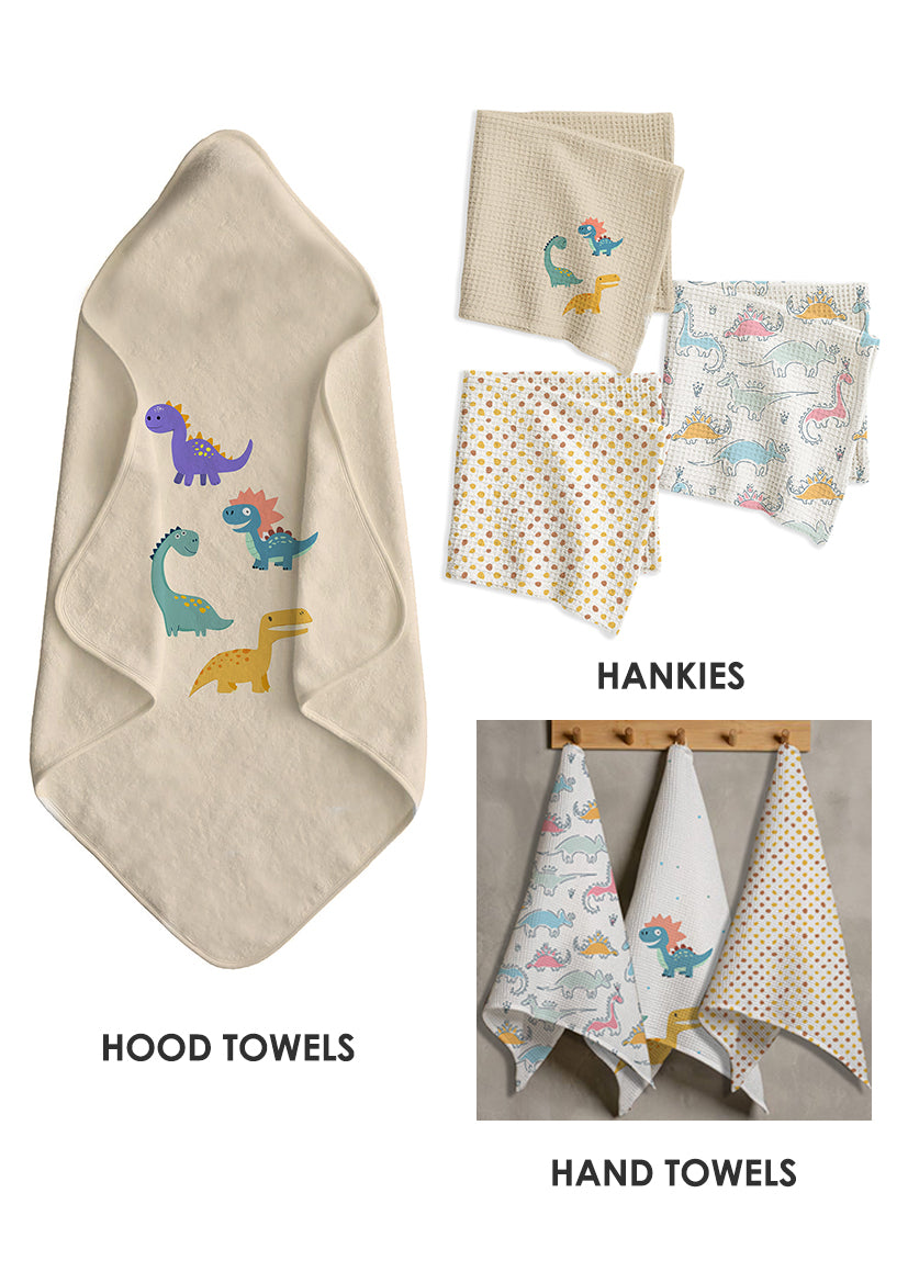 Dino Kids Bath Linen Combo – Hood Towel + Hankies + Hand Towels