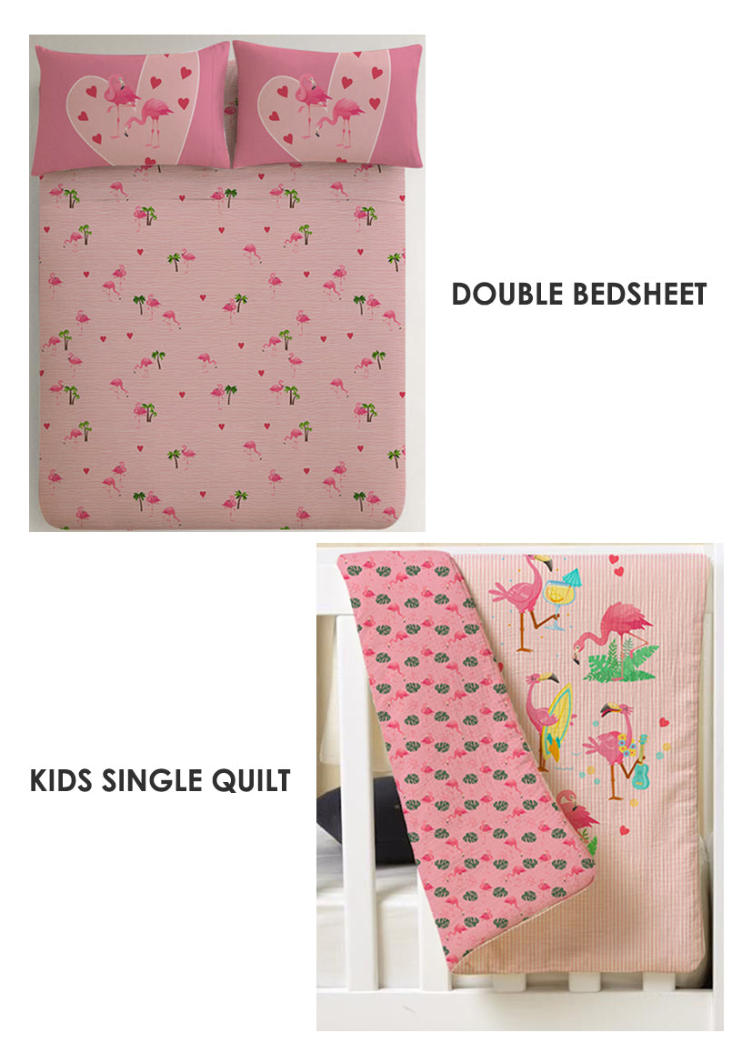 Flamingo Kids Room Combo – King Size Bedsheet + Reversible Kids Quilt