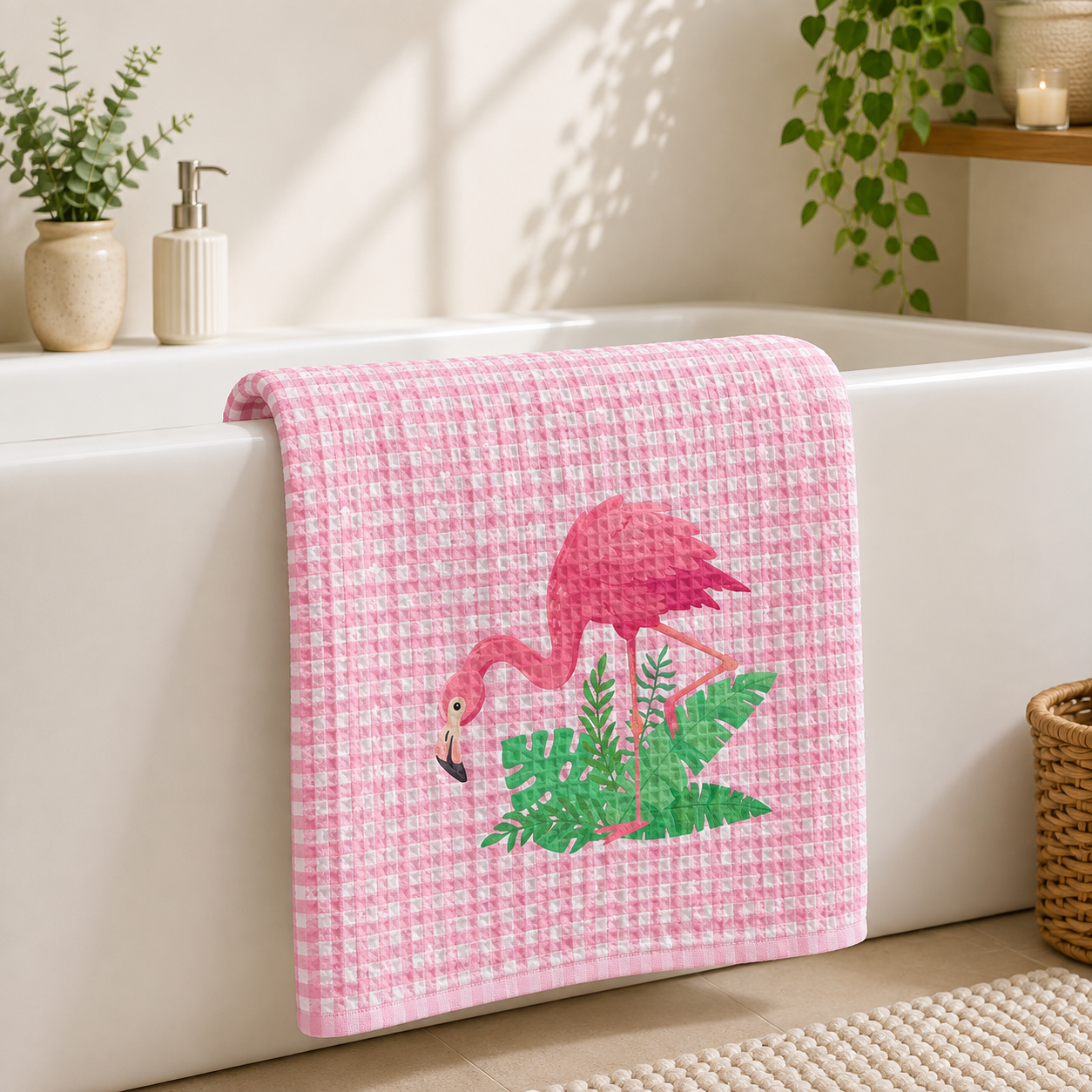 Flamingo Waffle Bath Towel – 100% Cotton