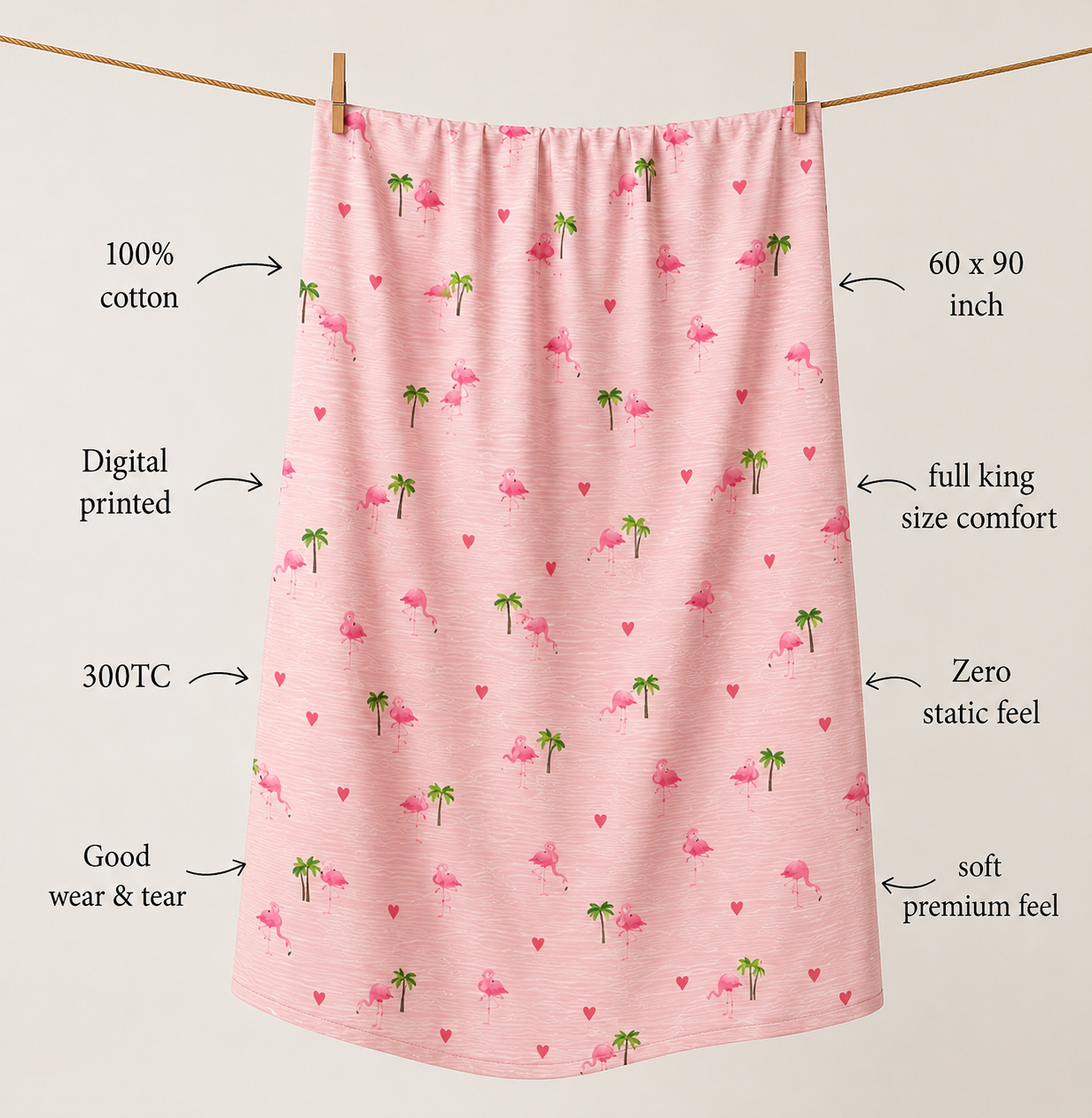 Pretty Pink Flamingo 100% Cotton Single Bedsheet – 300 TC
