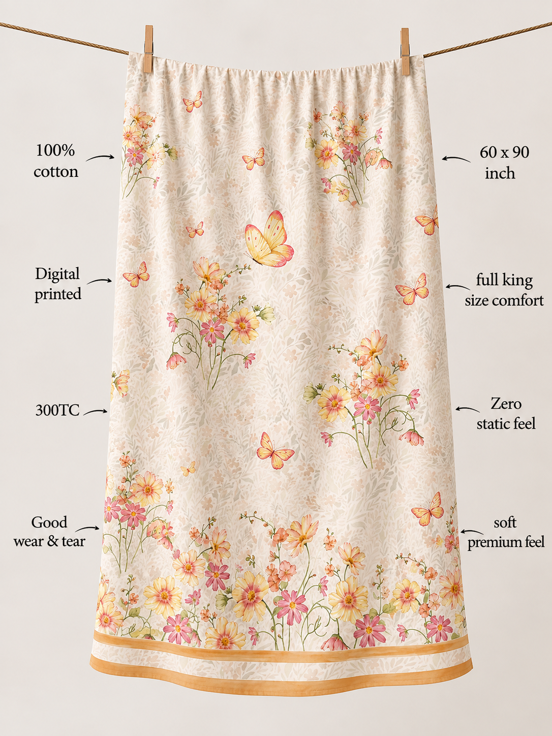 Floral Land 100% Cotton Single Bedsheet – 300 TC