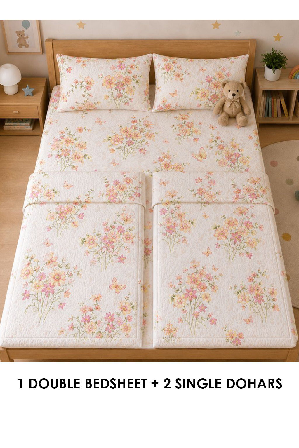 Floral Land Kids Double Bedsheet & 2 Single Dohar Combo