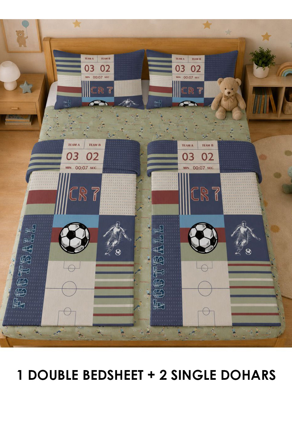 Football Kids Double Bedsheet & 2 Single Dohar Combo