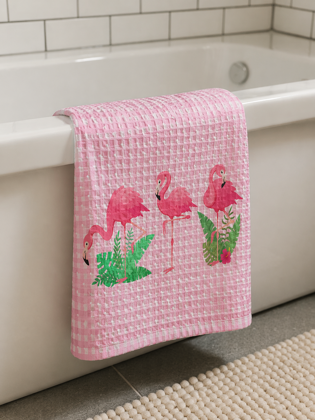 Flamingo Waffle Bath Towel – 100% Cotton