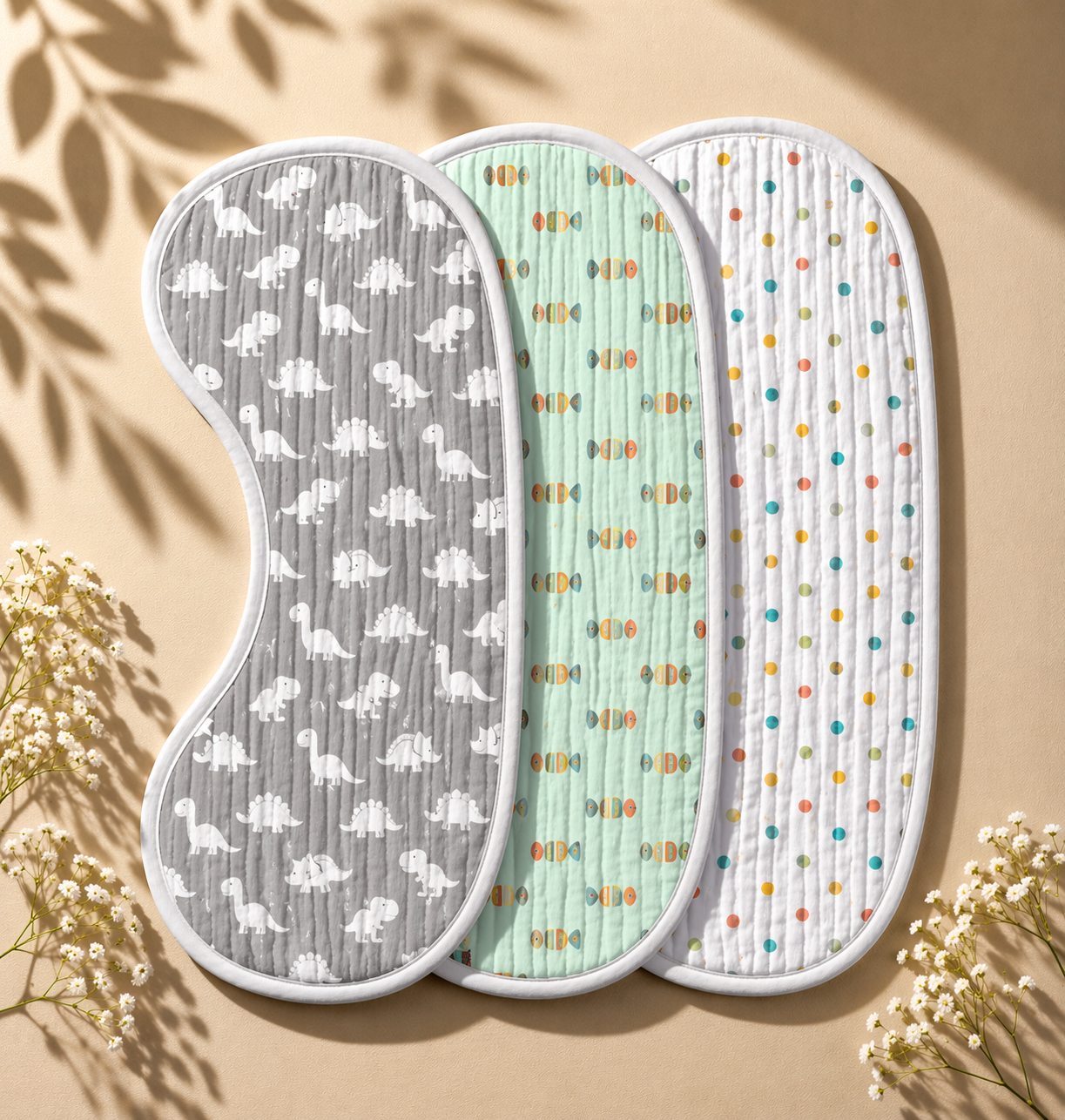 Dino Muslin Burp Cloth – Set of 3 | Ultra-Soft & Absorbent