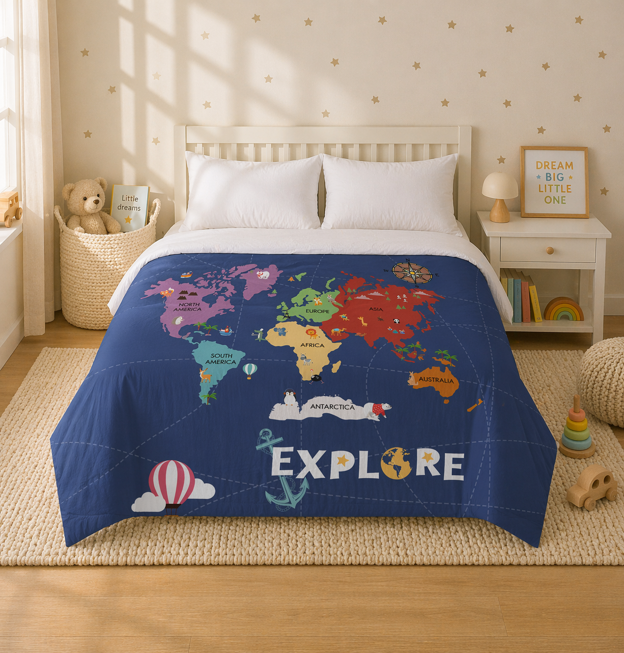 World Map Reversible Kids Double Quilt