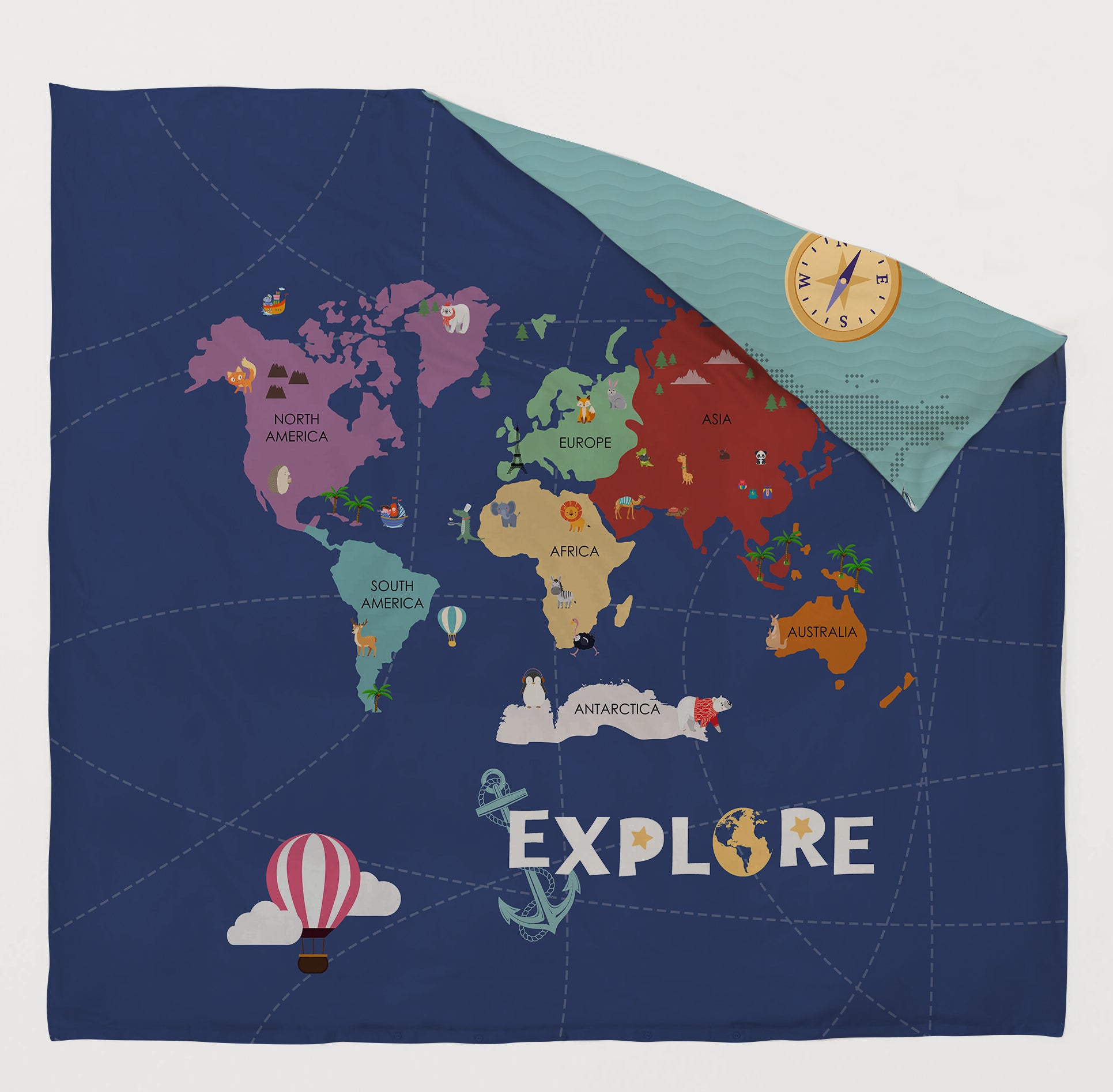 World Map Reversible Kids Double Quilt
