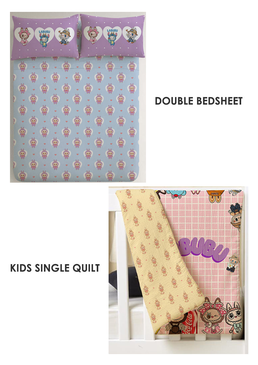 Labubu Kids Room Combo – King Size Bedsheet + Reversible Kids Quilt
