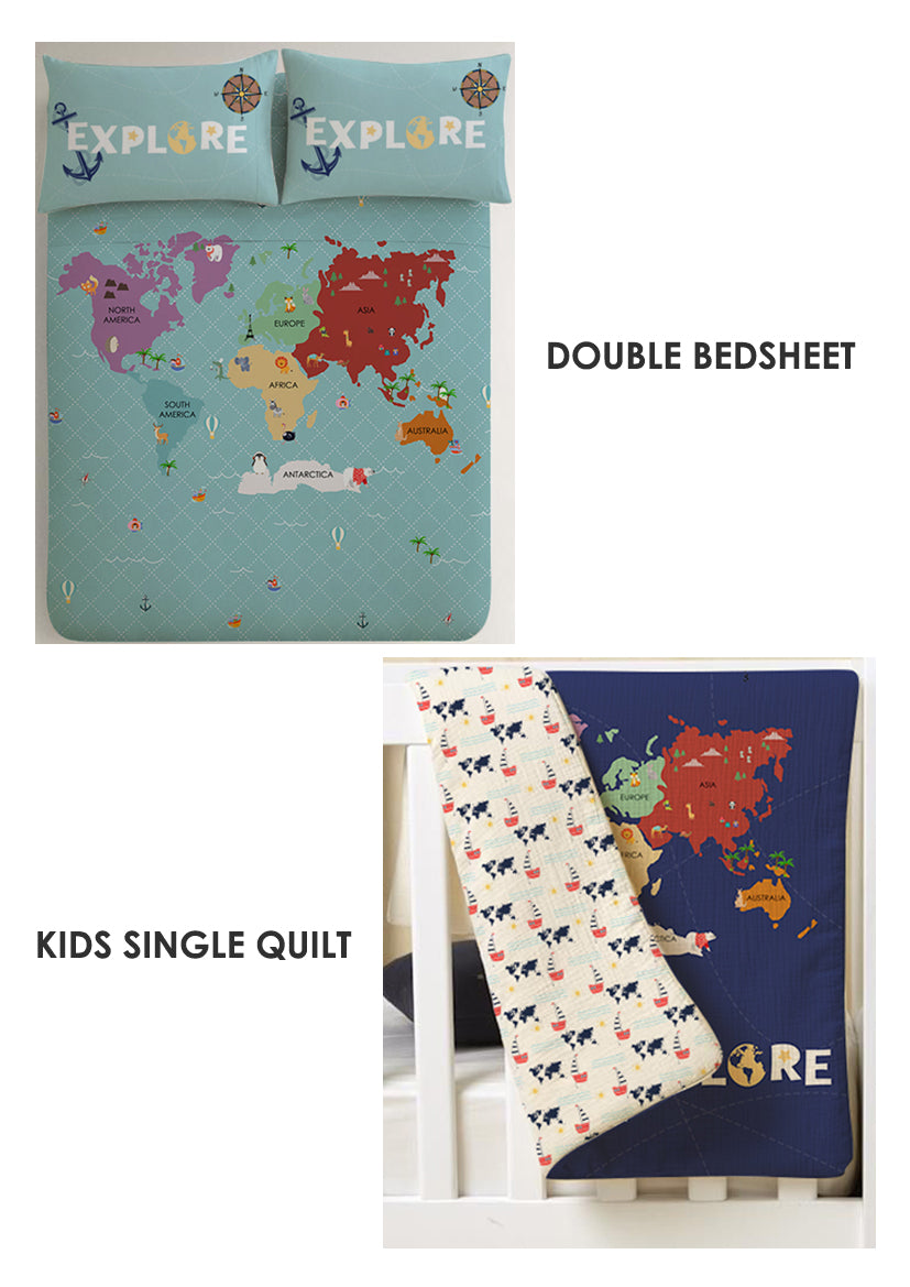 Map Kids Room Combo – King Size Bedsheet + Reversible Kids Quilt