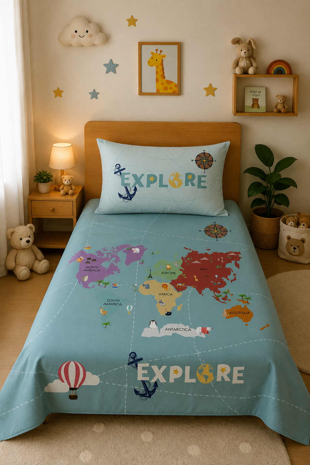 World Map 100% Cotton Single Bedsheet – 300 TC