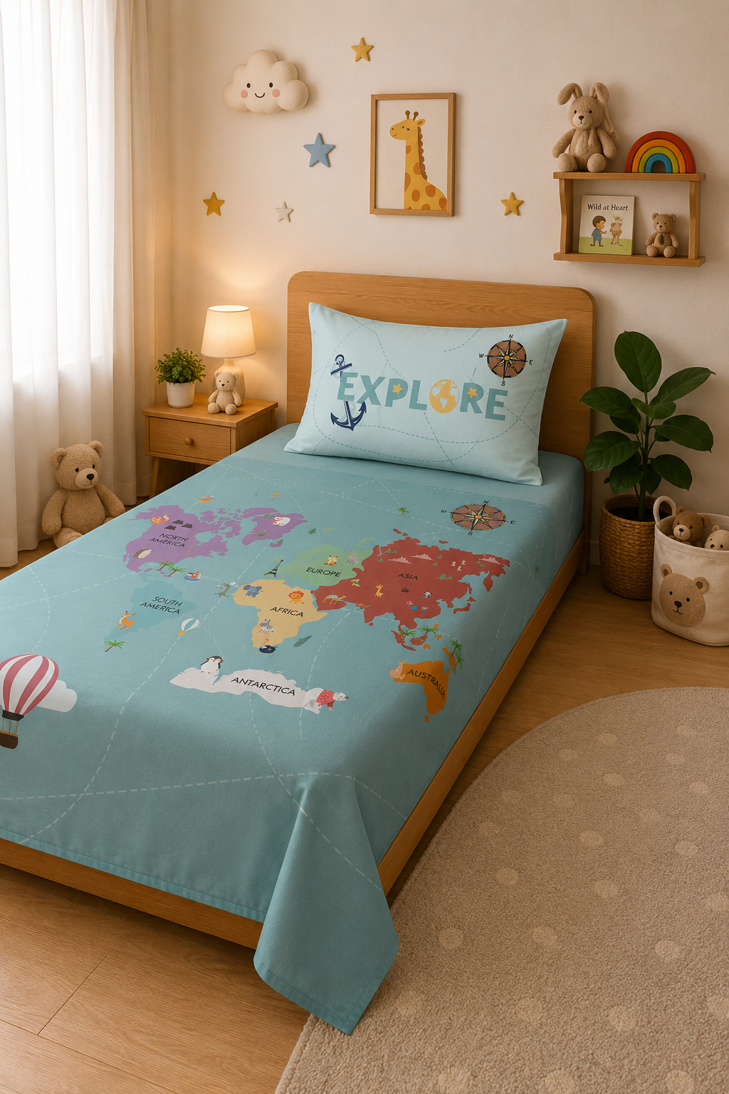 World Map 100% Cotton Single Bedsheet – 300 TC