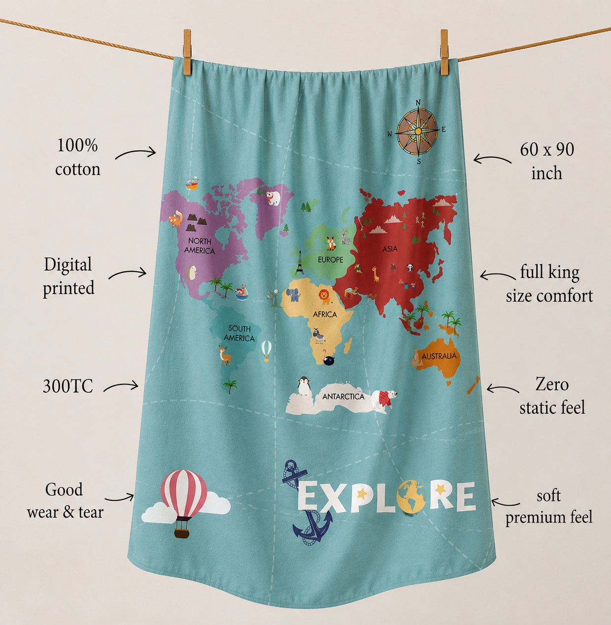 World Map 100% Cotton Single Bedsheet – 300 TC