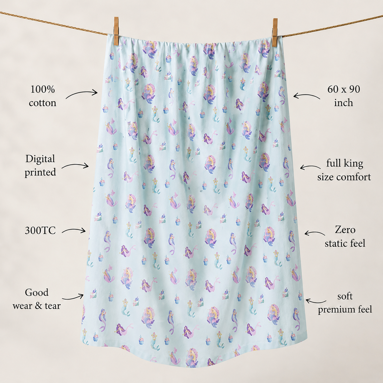 The Little Mermaid 100% Cotton Single Bedsheet – 300 TC