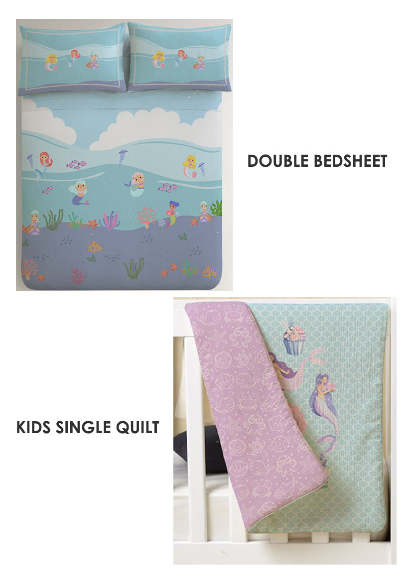 Mermaid Kids Room Combo – King Size Bedsheet + Reversible Kids Quilt