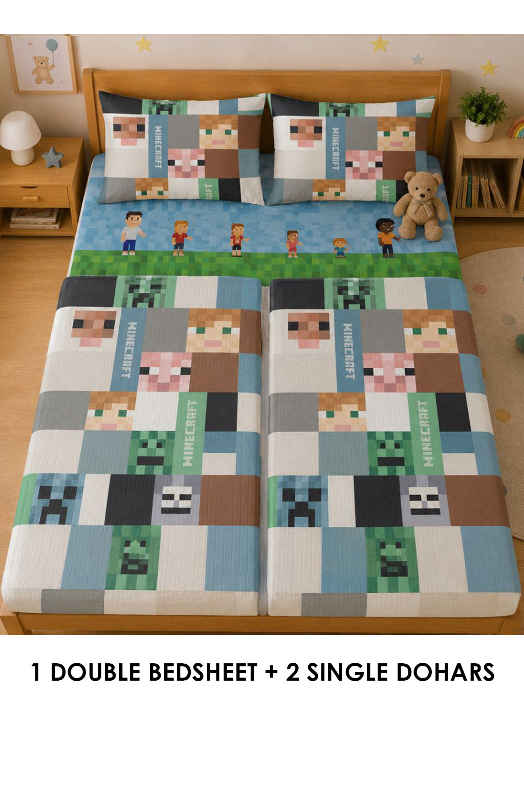 Minecraft Kids Double Bedsheet & 2 Single Dohar Combo