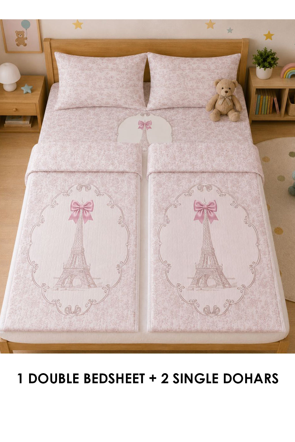 A Day In Paris Kids Double Bedsheet & 2 Single Dohar Combo