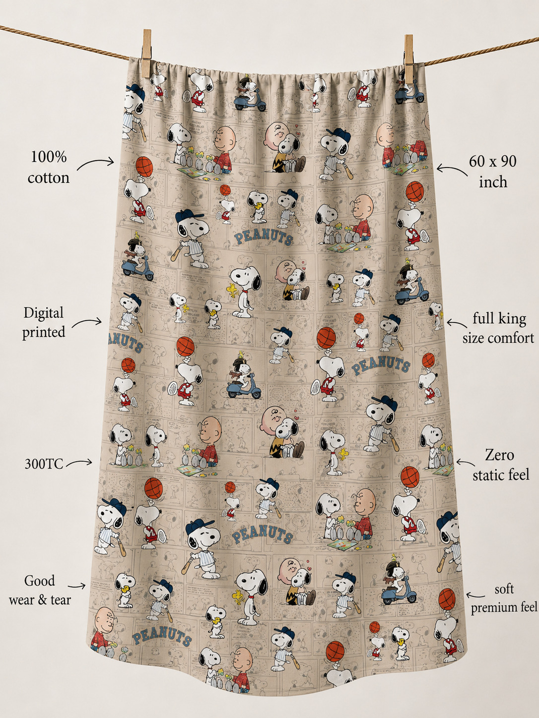 Peanuts 100% Cotton Single Bedsheet – 300 TC
