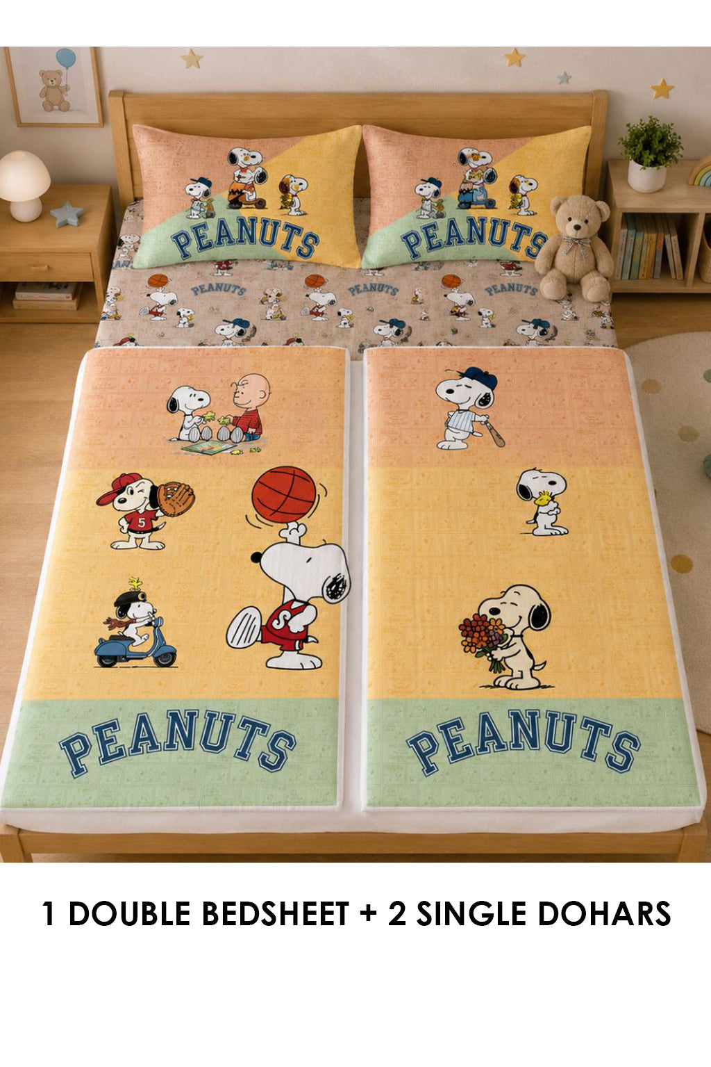 Peanuts Kids Double Bedsheet & 2 Single Dohar Combo