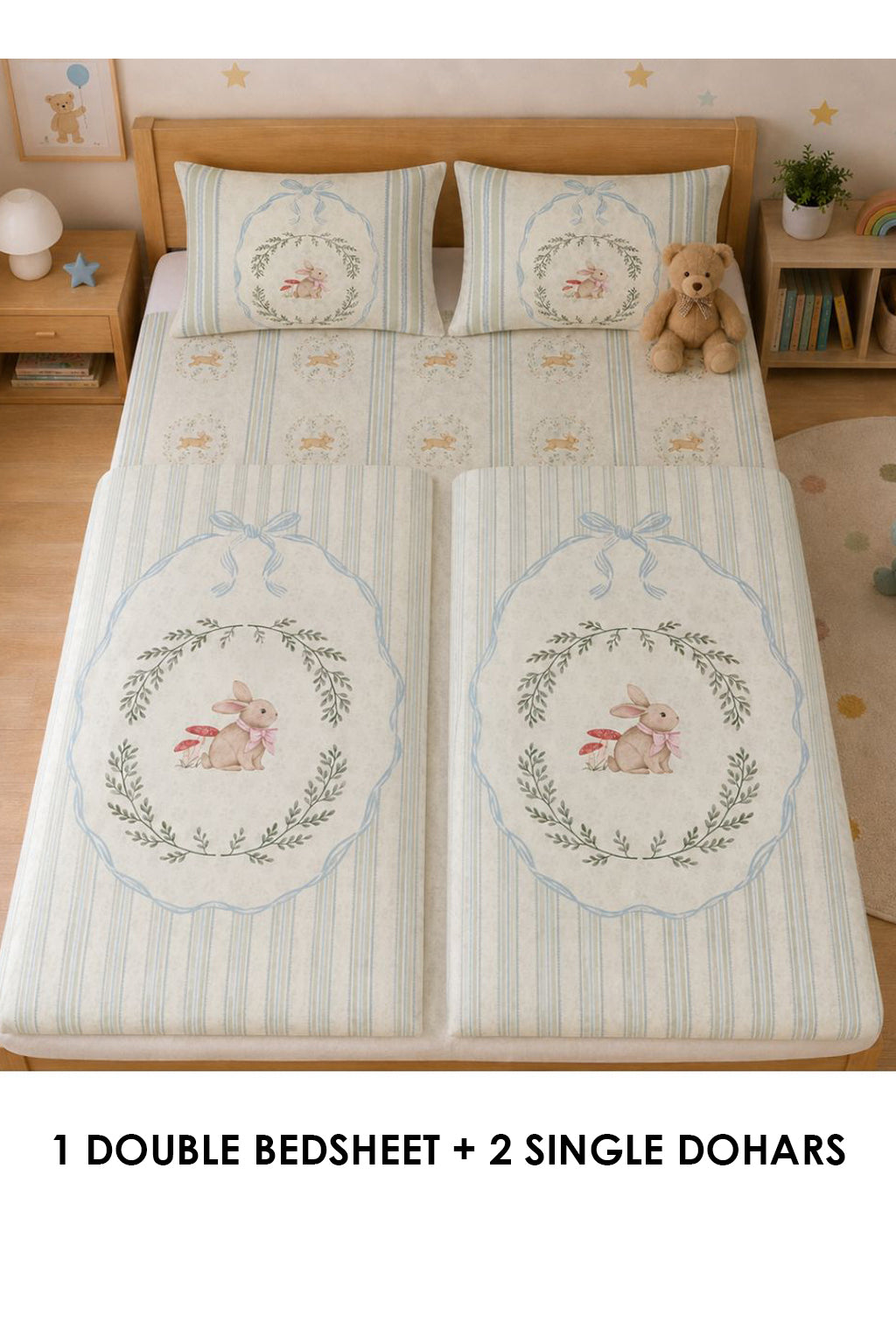 Petter Rabbit Kids Double Bedsheet & 2 Single Dohar Combo