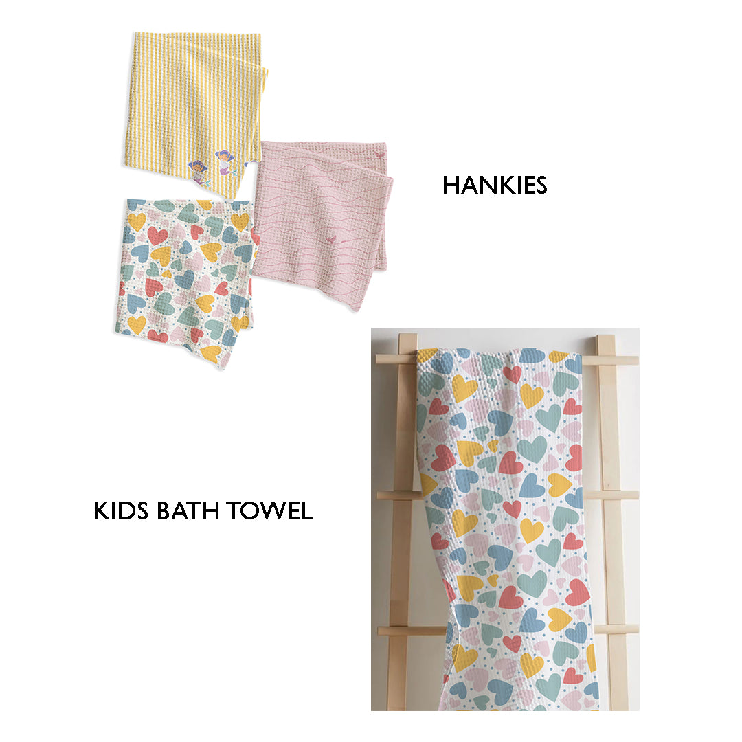 Colorful Hearts Kids Bath Linen Combo – Kids Towel + Hankies