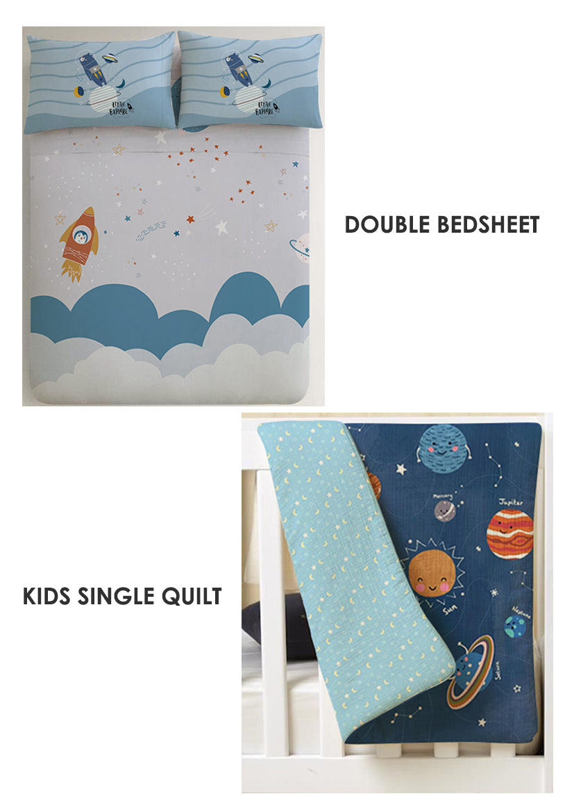 Space Kids Room Combo – King Size Bedsheet + Reversible Kids Quilt