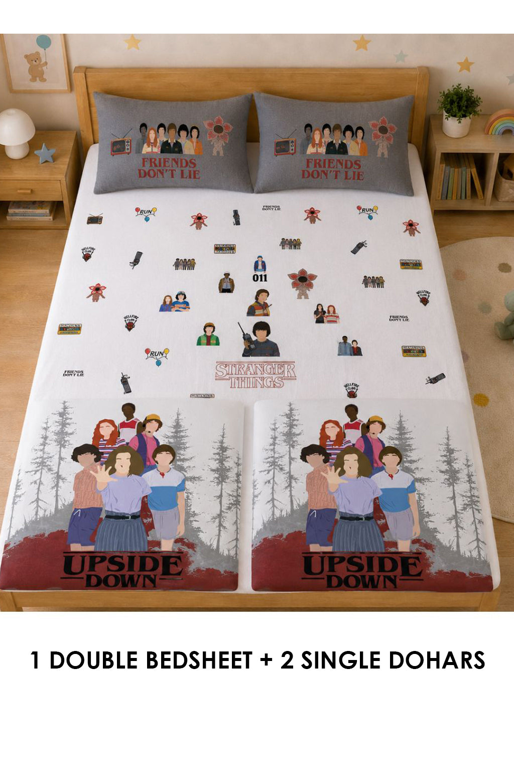 Stranger Things Kids Double Bedsheet & 2 Single Dohar Combo