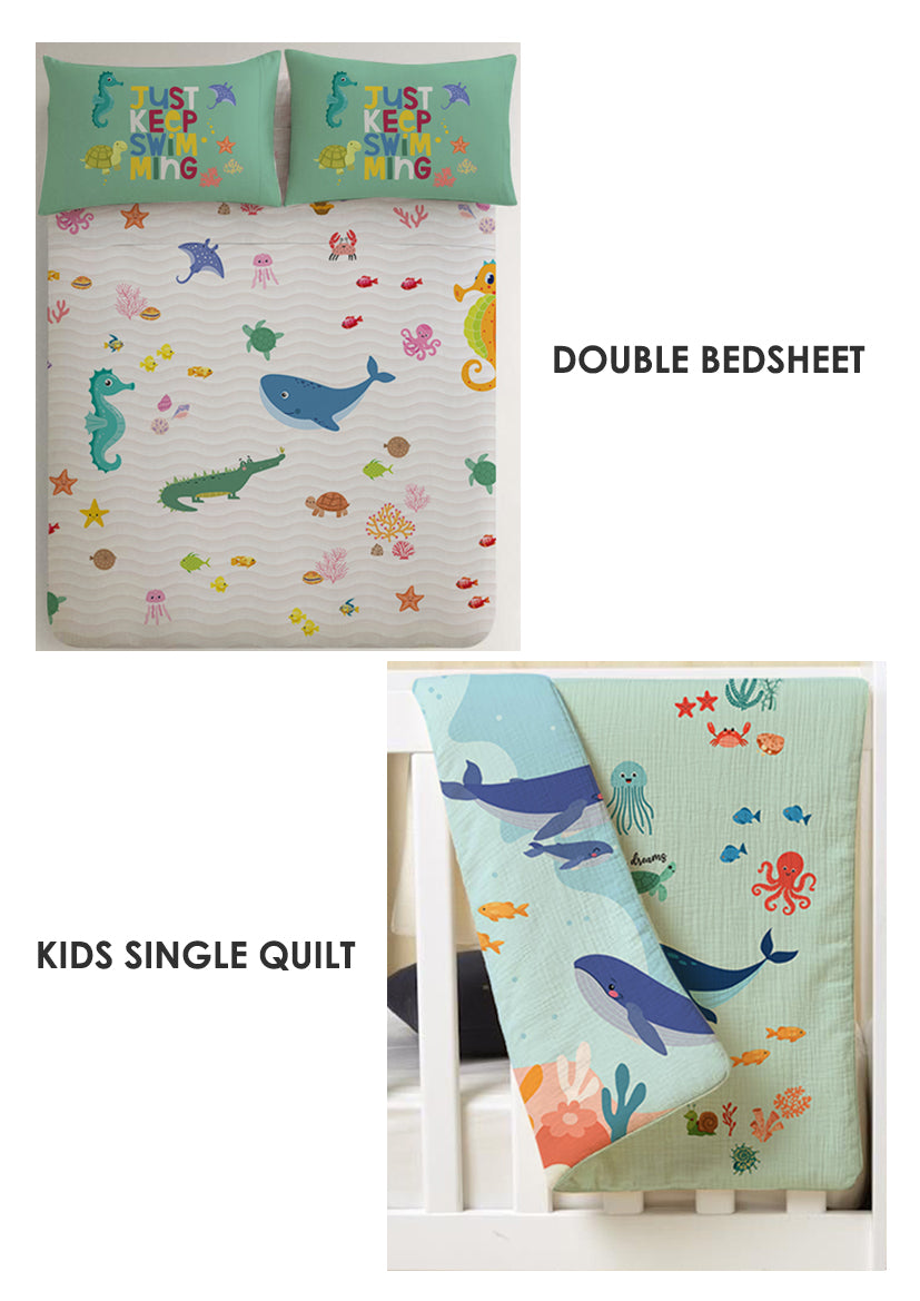 Underwater World Kids Room Combo – King Size Bedsheet + Reversible Kids Quilt