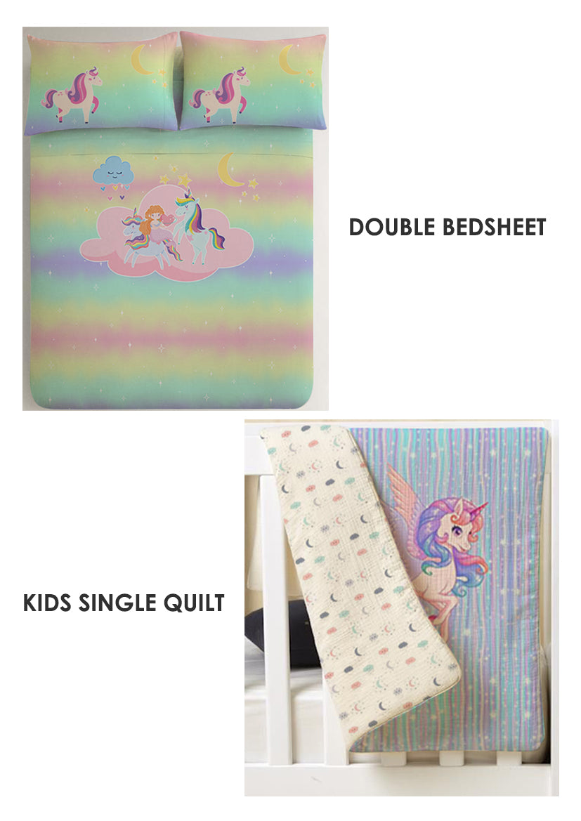 Unicorn Kids Room Combo – King Size Bedsheet + Reversible Kids Quilt