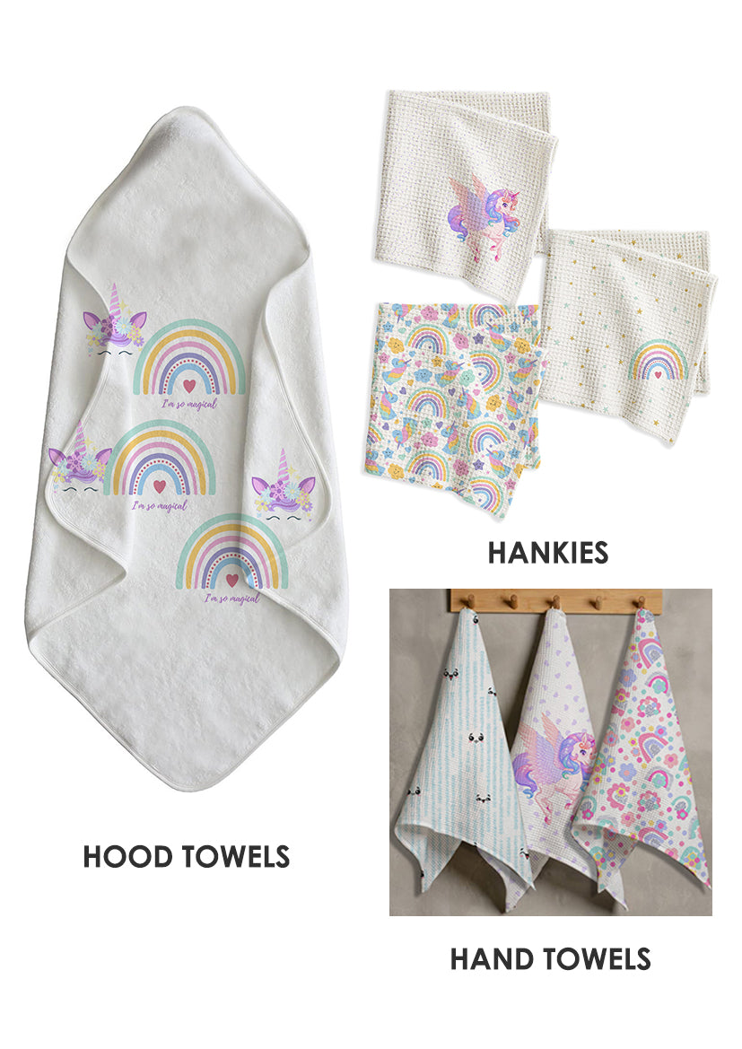 Unicorn Kids Bath Linen Combo – Hood Towel + Hankies + Hand Towels